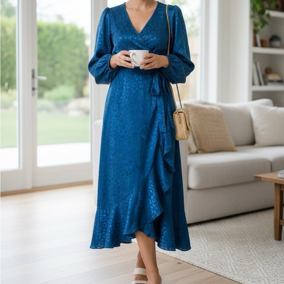 Chic Long Sleeve Blue Leopard Dress - Picture 1 of 8